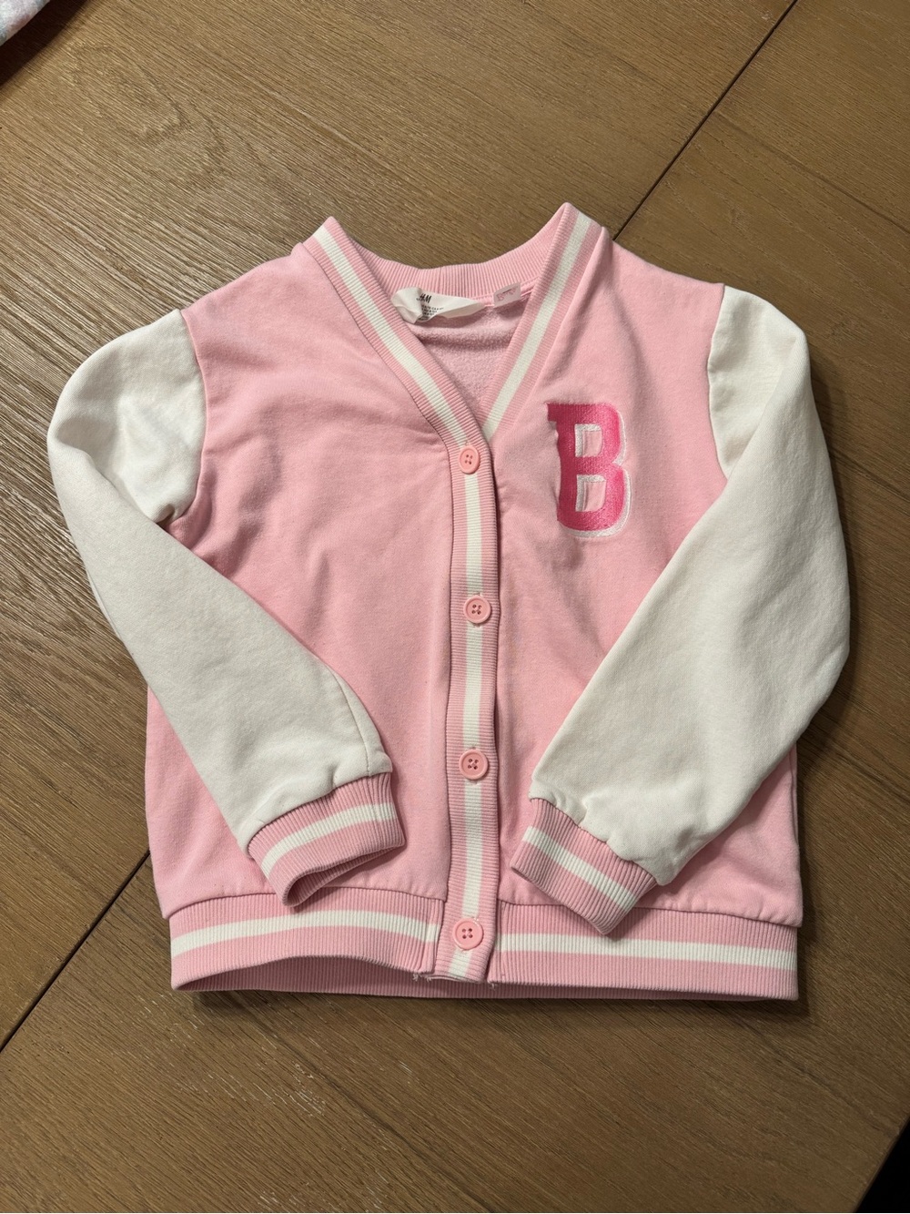 H&M Pink & White Varsity Barbie Cardigan with 'B' Patch